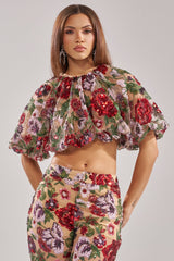 ENCHANTED GARDEN FLORAL EMBROIDERED TULLE TOP