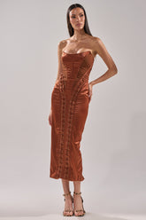 WOAH BABY SATIN MIDI DRESS IN CHOCOLATE