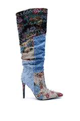 AZALEA WANG AILA DENIM MULTI STUDDED POINTED TOE STILETTO BOOT