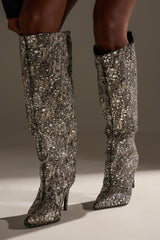 AZALEA WANG BRIELEY GOLD AND BLACK FLORAL BROCADE KNEE HIGH BOOT