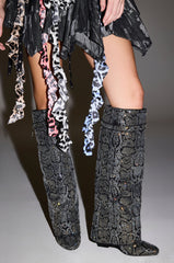 AZALEA WANG CAPRICORN RHINESTONE SNAKE PATTERN WEDGE FOLD OVER BOOT