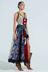 CLEAT CHASER LAYERED JERSEY HIGH LOW DRESS IN BROCADE