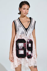 ON THE SIDELINES LACE JERSEY MINI DRESS IN PINK