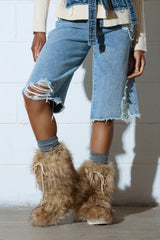 AZALEA WANG HAYES BROWN FUR LACE UP FLAT BOOTIE