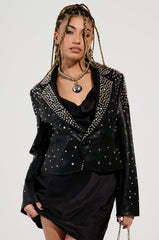 VIVA VEGAS STUDDED FAUX LEATHER BLAZER