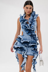 SAY IT AGAIN RUFFLED DENIM MINI DRESS