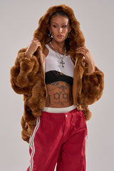 LOOK AT ME NOW HOODED FUR BOMBER IN BROWN