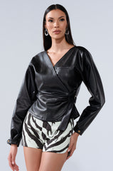 EASY ENOUGH FAUX LEATHER TIE FRONT BLOUSE