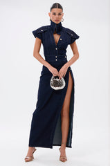 CHELSEA BUTTON SIDE DENIM MAXI DRESS