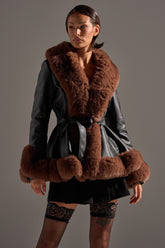 KENZY FUR TRIM PEPLUM MOTO IN BLACK BROWN