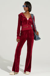 VELOUR GALORE FLARED LEG JOGGER IN BURGUNDY