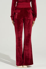 VELOUR GALORE FLARED LEG JOGGER IN BURGUNDY