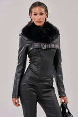 HALF MY HEART ULTRA CROPPED MOTO WITH FUR COLLAR