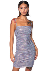BETTER THAN EVER RUCHED RHINESTONE MINI DRESS