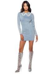 BEJEWELED COLLAR DENIM MINI DRESS