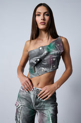 NOT YOURS BRALETTE DETAIL LAYERED PAINTED BUTTON DOWN BLOUSE