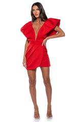 IRREPLACEABLE RUFFLE SLEEVE TULIP HEM MINI DRESS IN RED