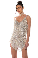 SHOW UP FRINGE MINI DRESS IN SILVER