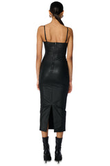 UP TO NO GOOD SLEEVELESS FAUX LEATHER MIDI DRESS WITH FOUR WAY STRETCH IN BLACK