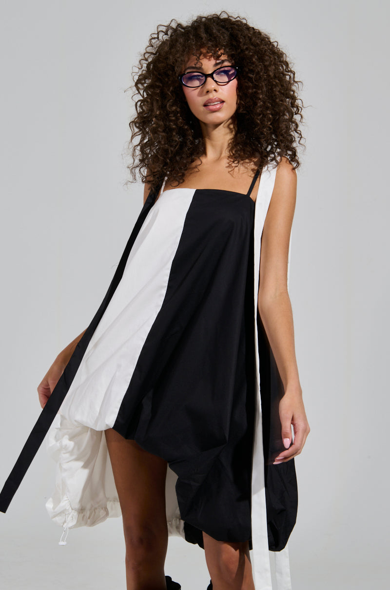 CUTIE GIRL POPLIN MINI BLACK AND WHITE DRESS WITH BOW DETAILS