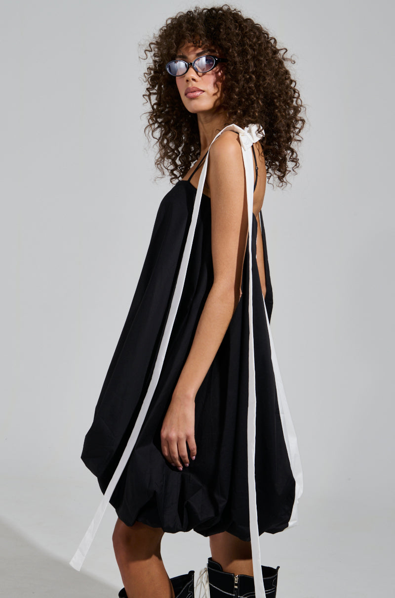 CUTIE GIRL POPLIN MINI BLACK AND WHITE DRESS WITH BOW DETAILS