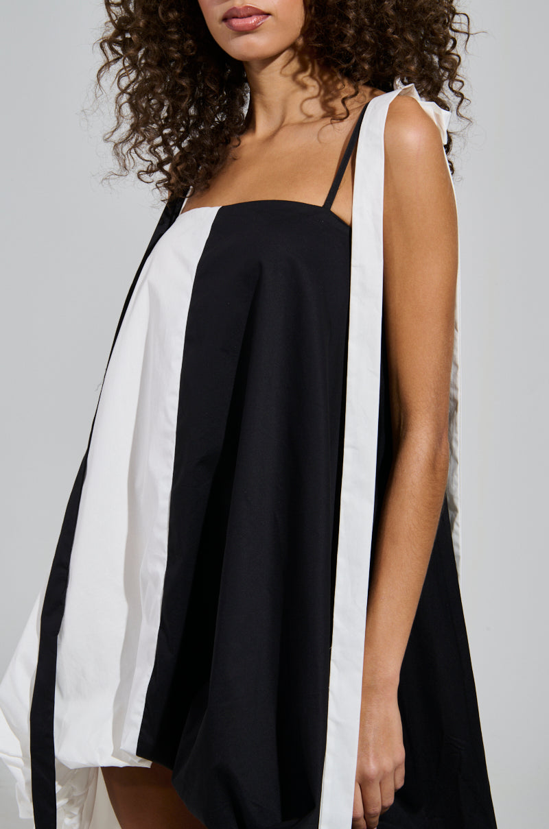 CUTIE GIRL POPLIN MINI BLACK AND WHITE DRESS WITH BOW DETAILS