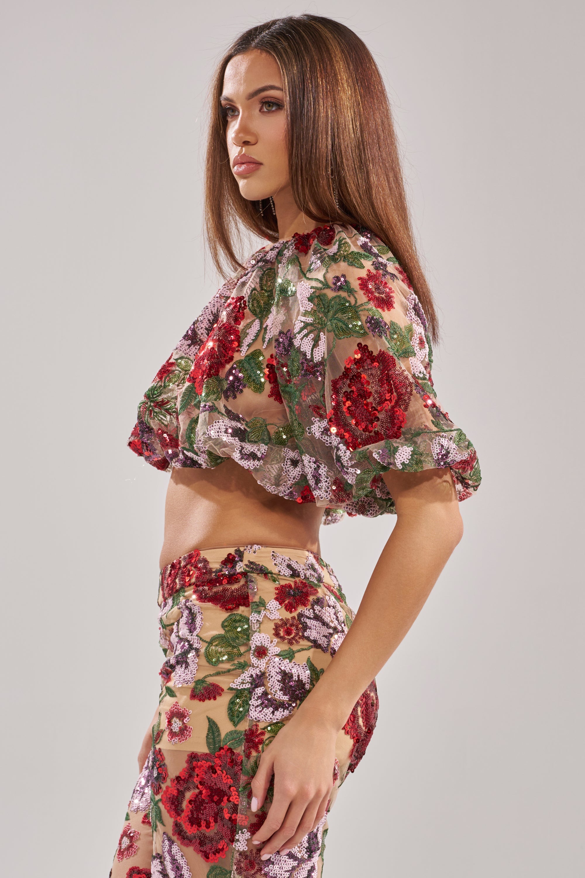 ENCHANTED GARDEN FLORAL EMBROIDERED TULLE TOP