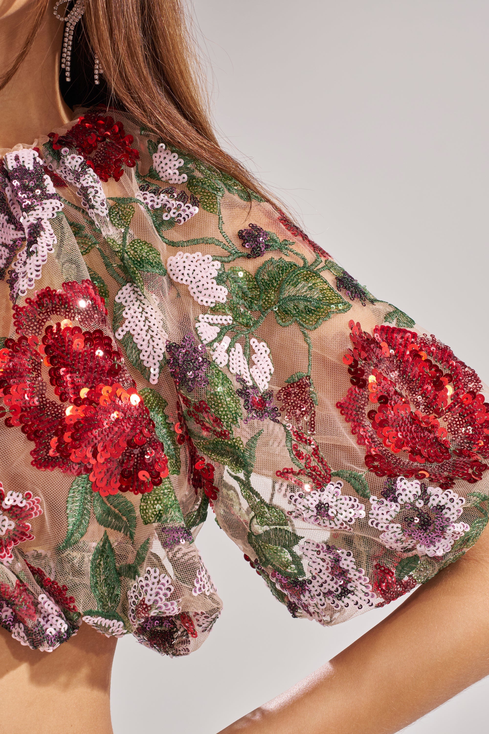 ENCHANTED GARDEN FLORAL EMBROIDERED TULLE TOP