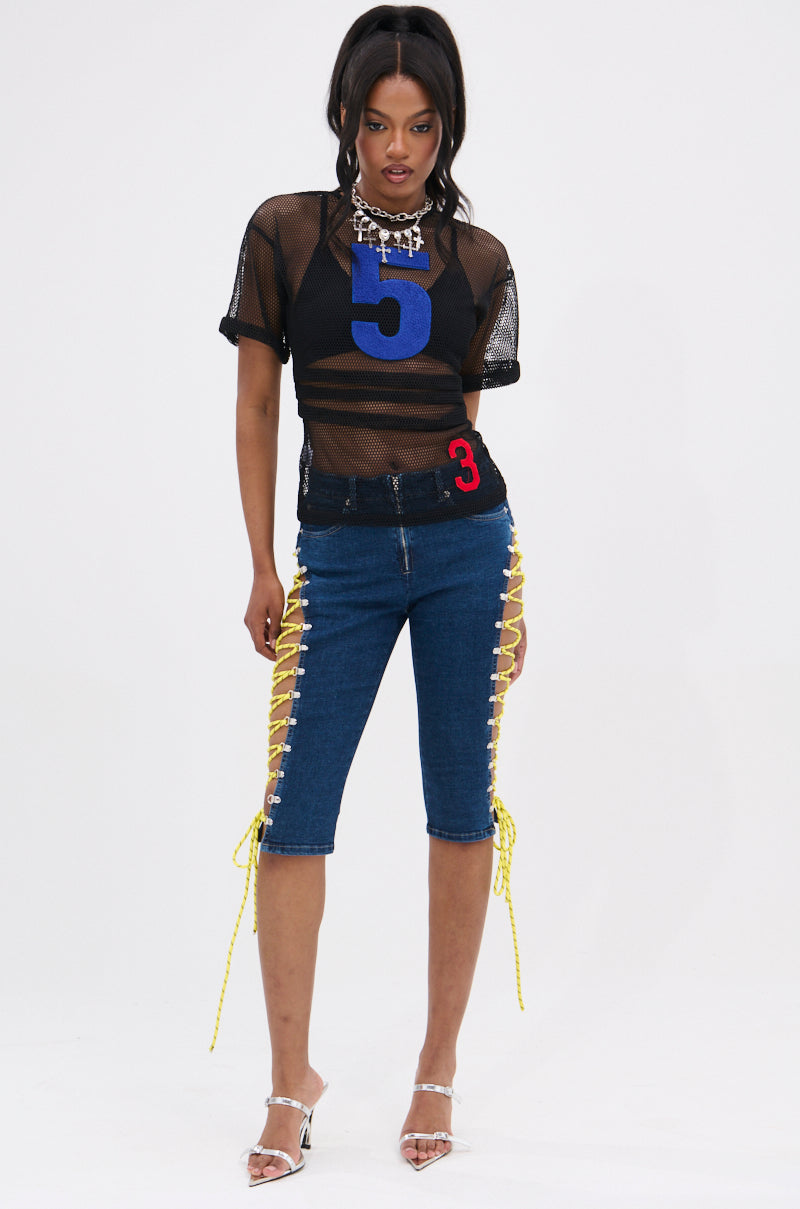 CUTE AS CAN BE LACE-UP DENIM CAPRI