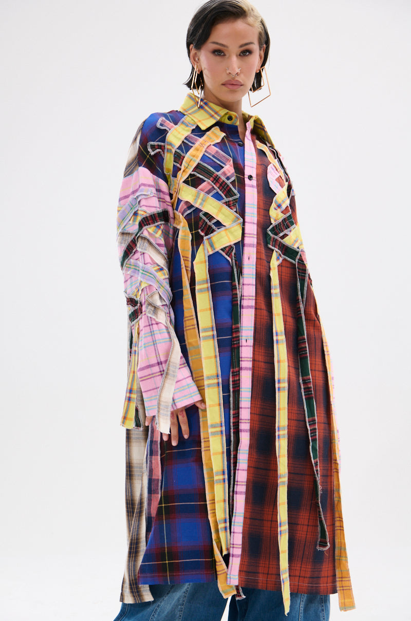 DONT EVEN MIXED PLAID LONG BUTTON DOWN