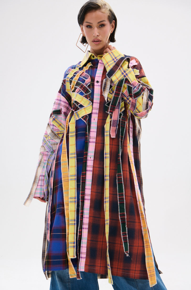 DONT EVEN MIXED PLAID LONG BUTTON DOWN