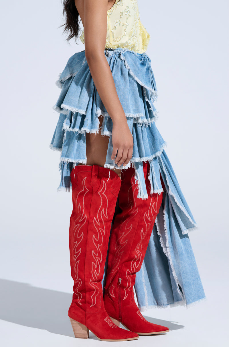 DISTRESSED TIERED ASYMMETRIC MIDI SKIRT