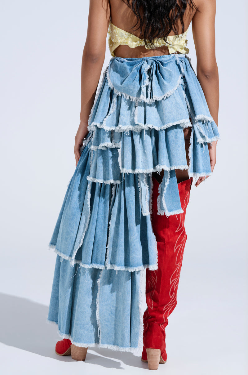 DISTRESSED TIERED ASYMMETRIC MIDI SKIRT