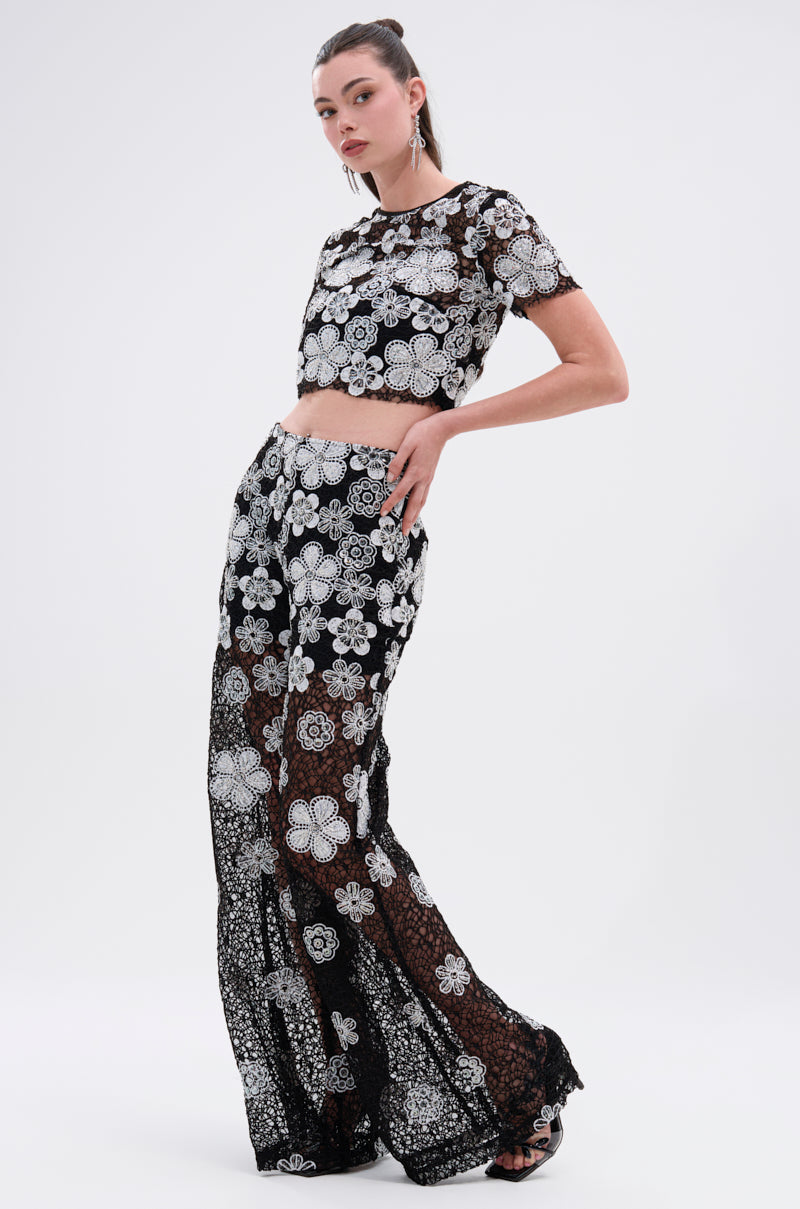 FLORAL SEQUIN MESH SHORT SLEEVE BLOUSE