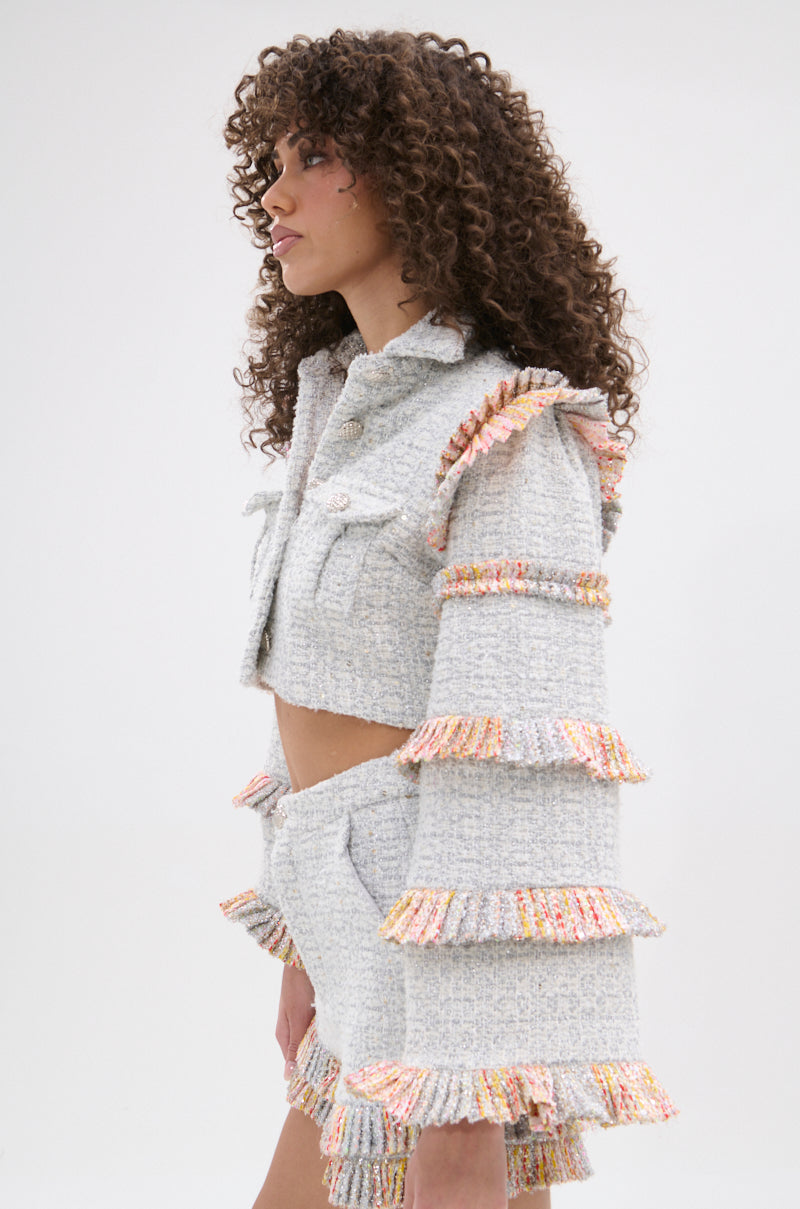PHOEBE TWEED RUFFLE CROPPED BLAZER