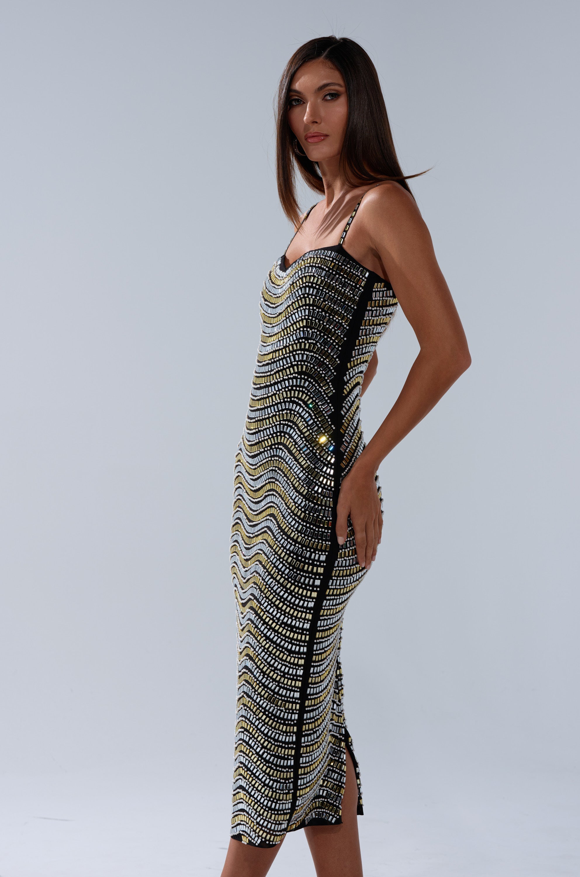 SHINE ON RHINESTONE MIDI DRESS