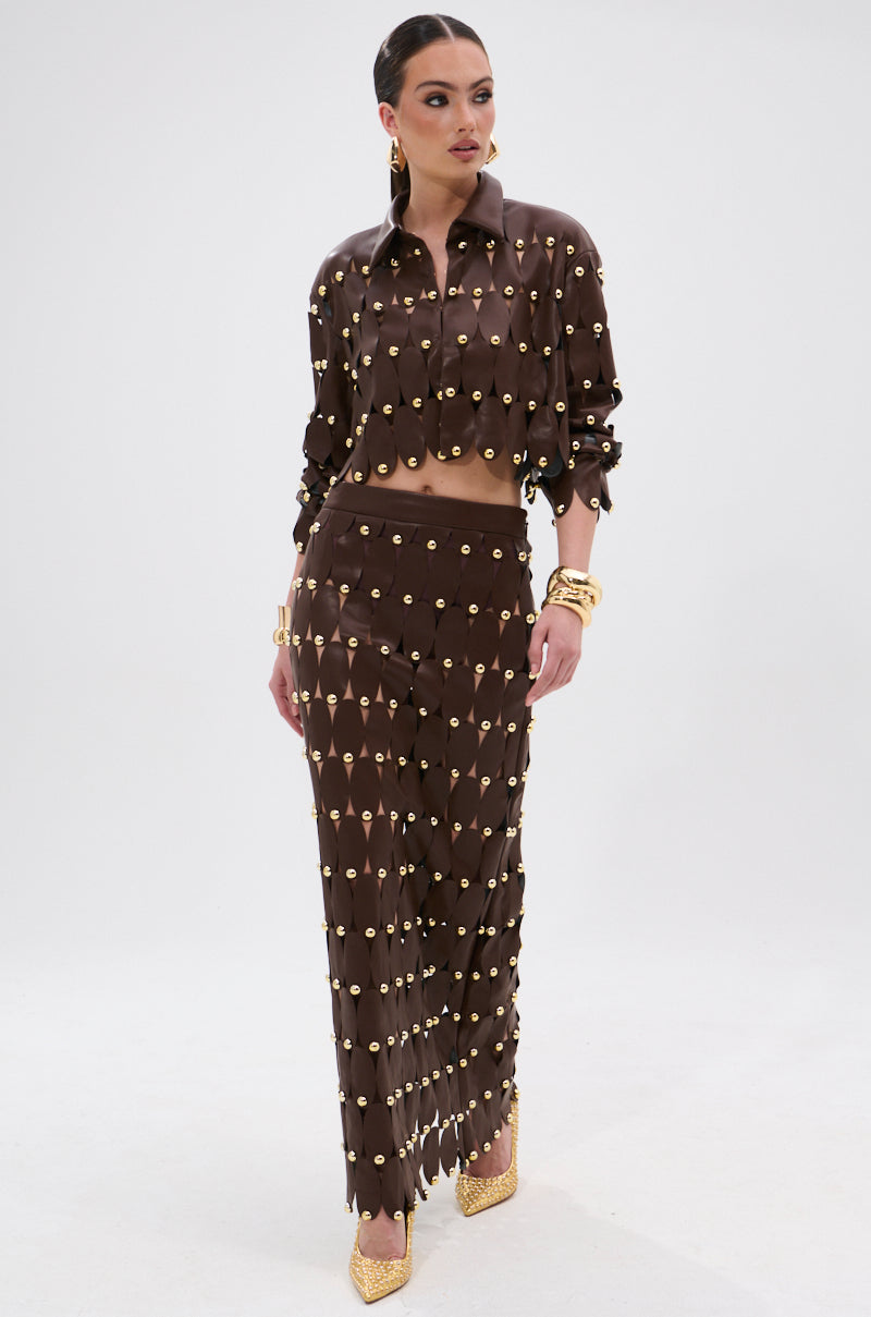 SNEAK PEEK STUDDED PU MIDI SKIRT IN BROWN