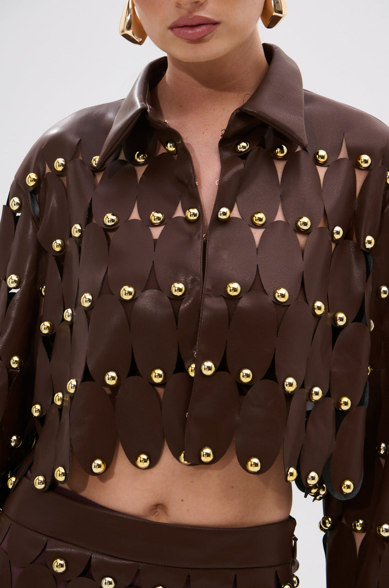 SNEAK PEEK STUDDED PU CROP CARDIGAN IN BROWN