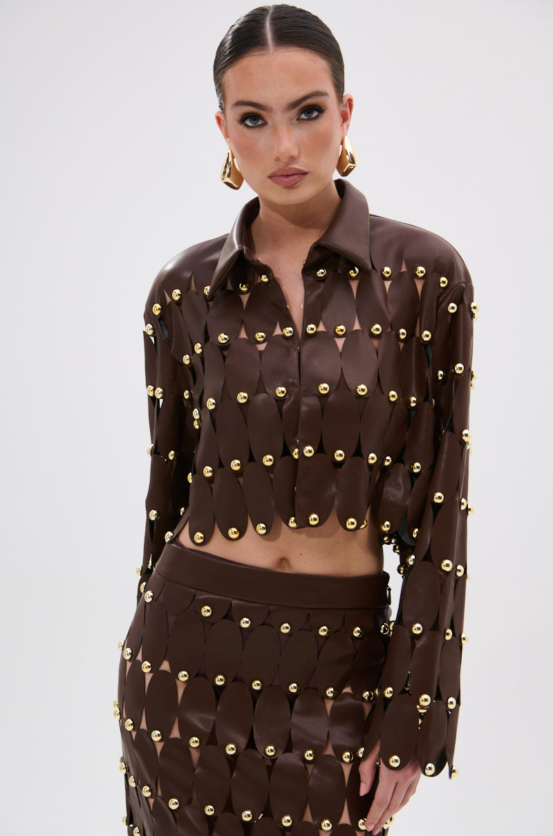 SNEAK PEEK STUDDED PU CROP CARDIGAN IN BROWN
