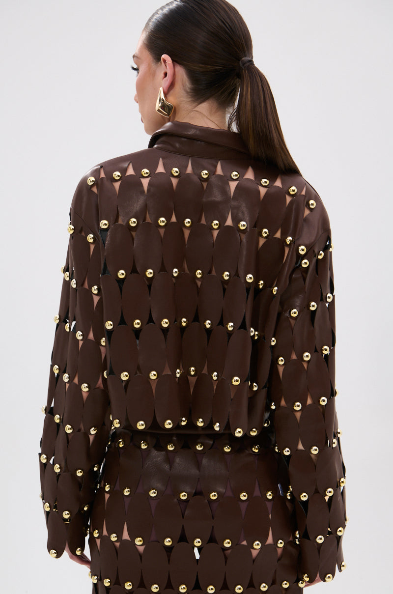 SNEAK PEEK STUDDED PU CROP CARDIGAN IN BROWN