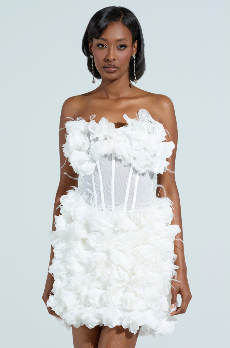 ON BROADWAY FEATHER AND FLOWER MINI DRESS