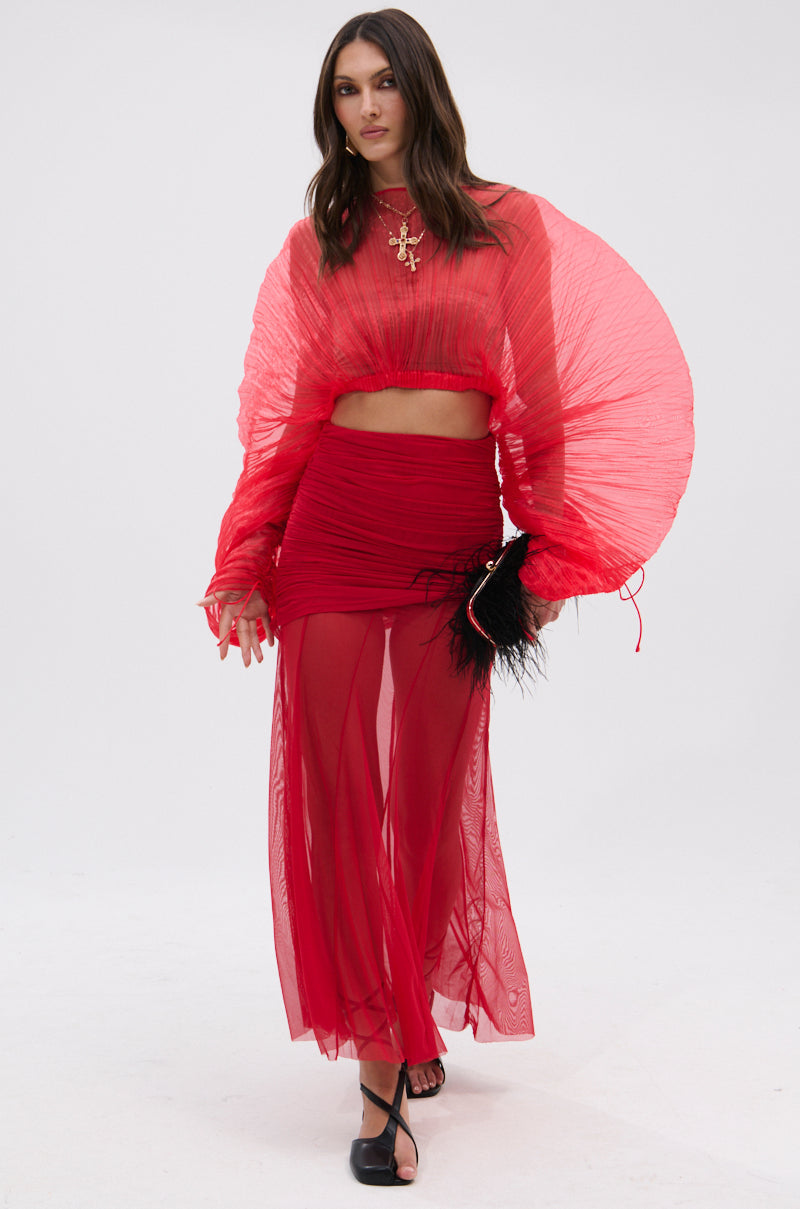 EASY ENOUGH RED MESH MIDI SKIRT