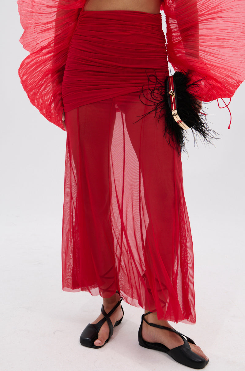 EASY ENOUGH RED MESH MIDI SKIRT