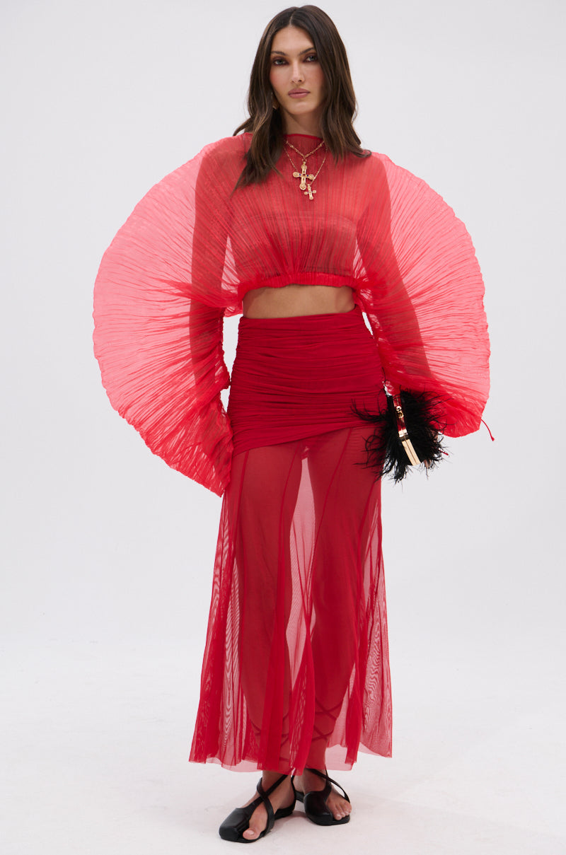 EASY ENOUGH RED MESH MIDI SKIRT