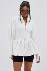 TWIN FLAME PEPLUM BOMBER IN WHITE