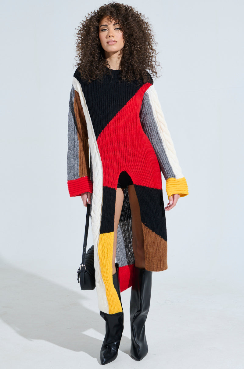 MIXED PATTERN LONG SLEEVE SWEATER DRESS