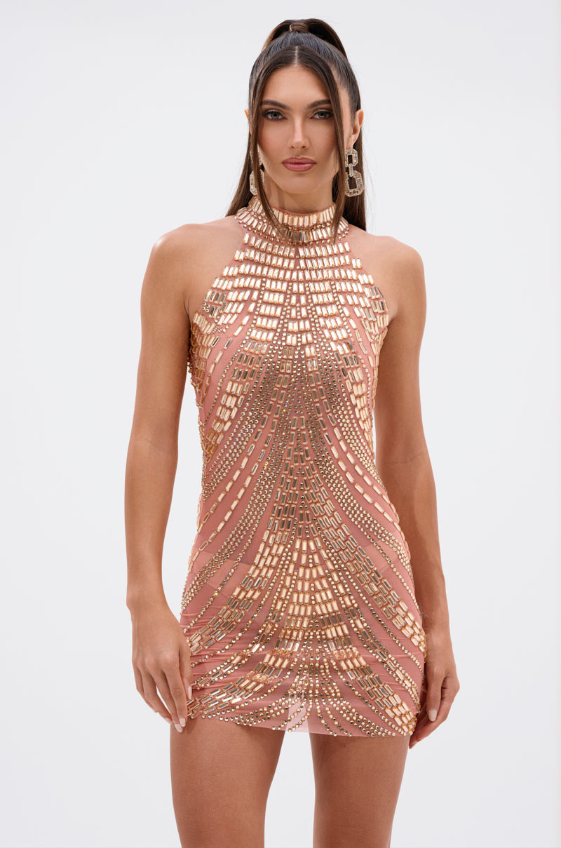 SHINE BRIGHT RHINESTONE MESH MINI DRESS IN ROSE GOLD