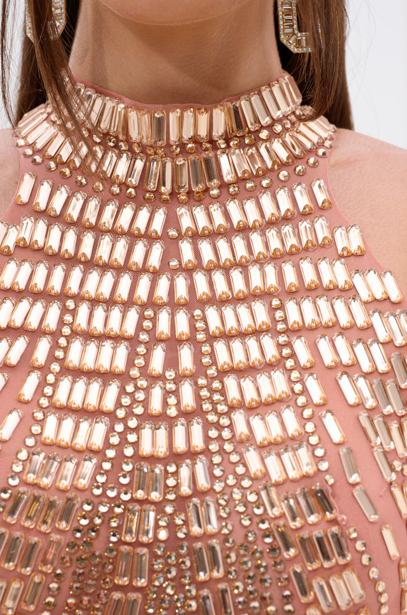 SHINE BRIGHT RHINESTONE MESH MINI DRESS IN ROSE GOLD