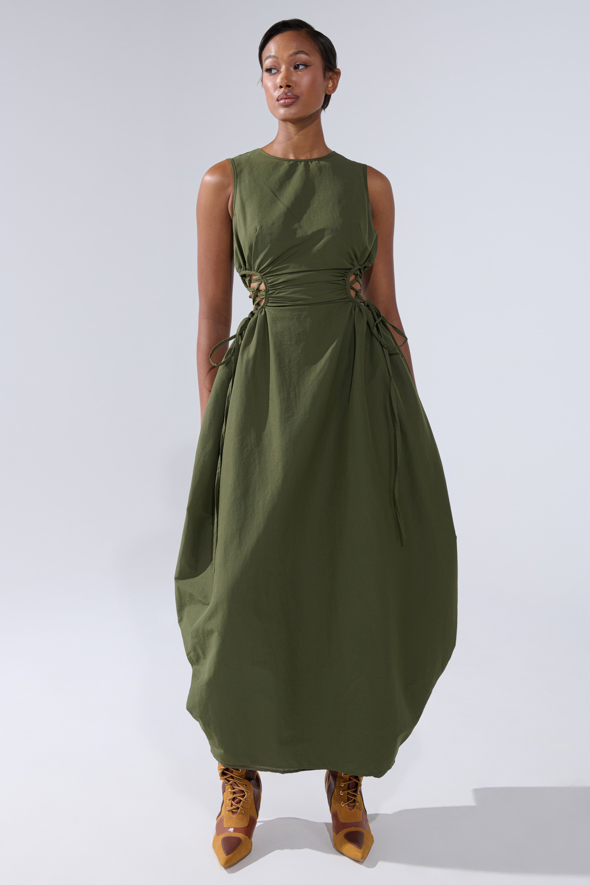 ALINA LACE UP DETAIL MAXI DRESS IN OLIVE