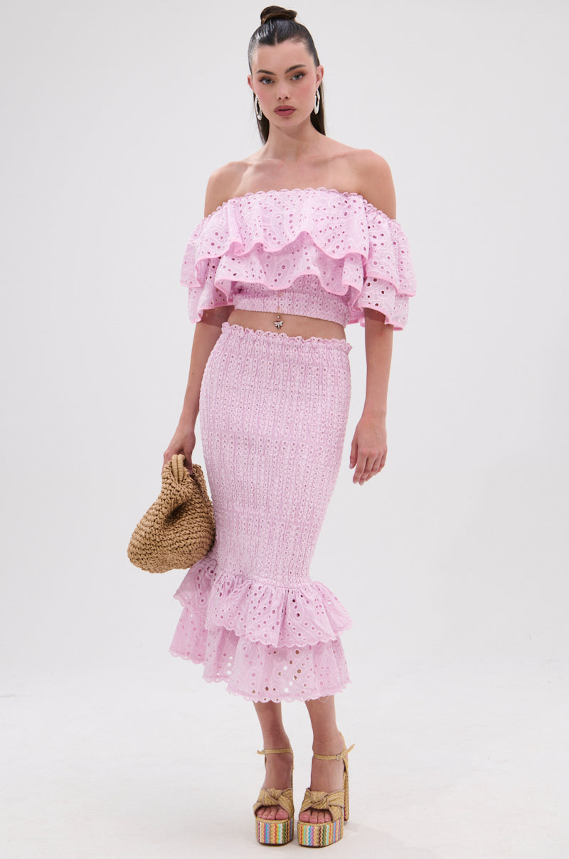 LOLLI EYELET MIDI SKIRT IN PINK